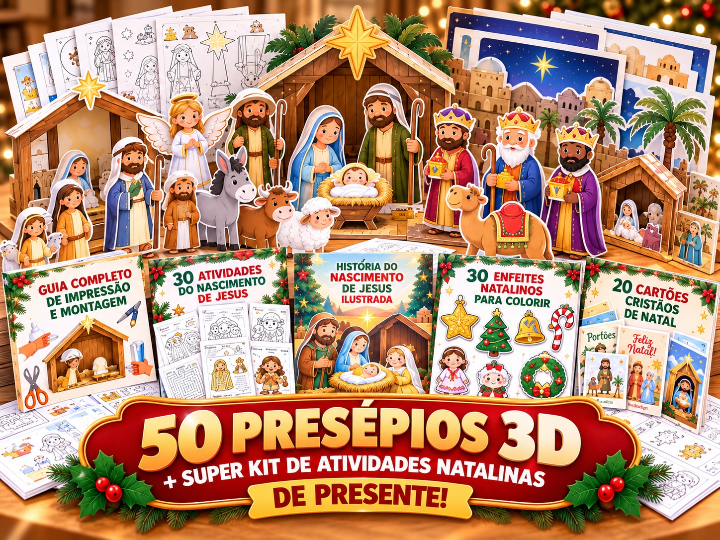 Mockup com presépios 3D montados, personagens do nascimento de Jesus, versões coloridas e para colorir e materiais do kit natalino
