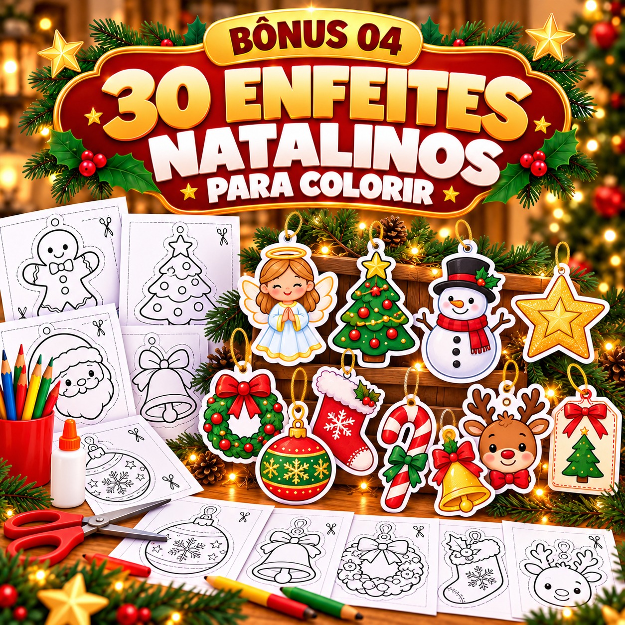 Capa do BÔNUS 04 — Kit com 30 Enfeites Natalinos para Colorir